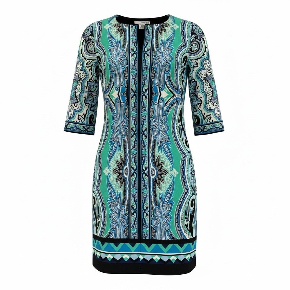 Studio One New York Shift Dress Women Sz PS Blue/Green/White Paisley 3/4 Sleeve